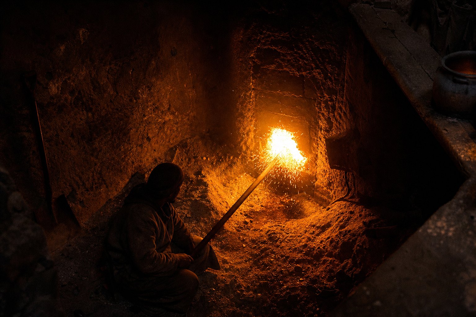 The farnatchi, the underground furnace room beneath a Marrakech hammam. The ferrash crouches by the firemouth, feeding it with a long wooden pole as flames jet into the sooty chamber.