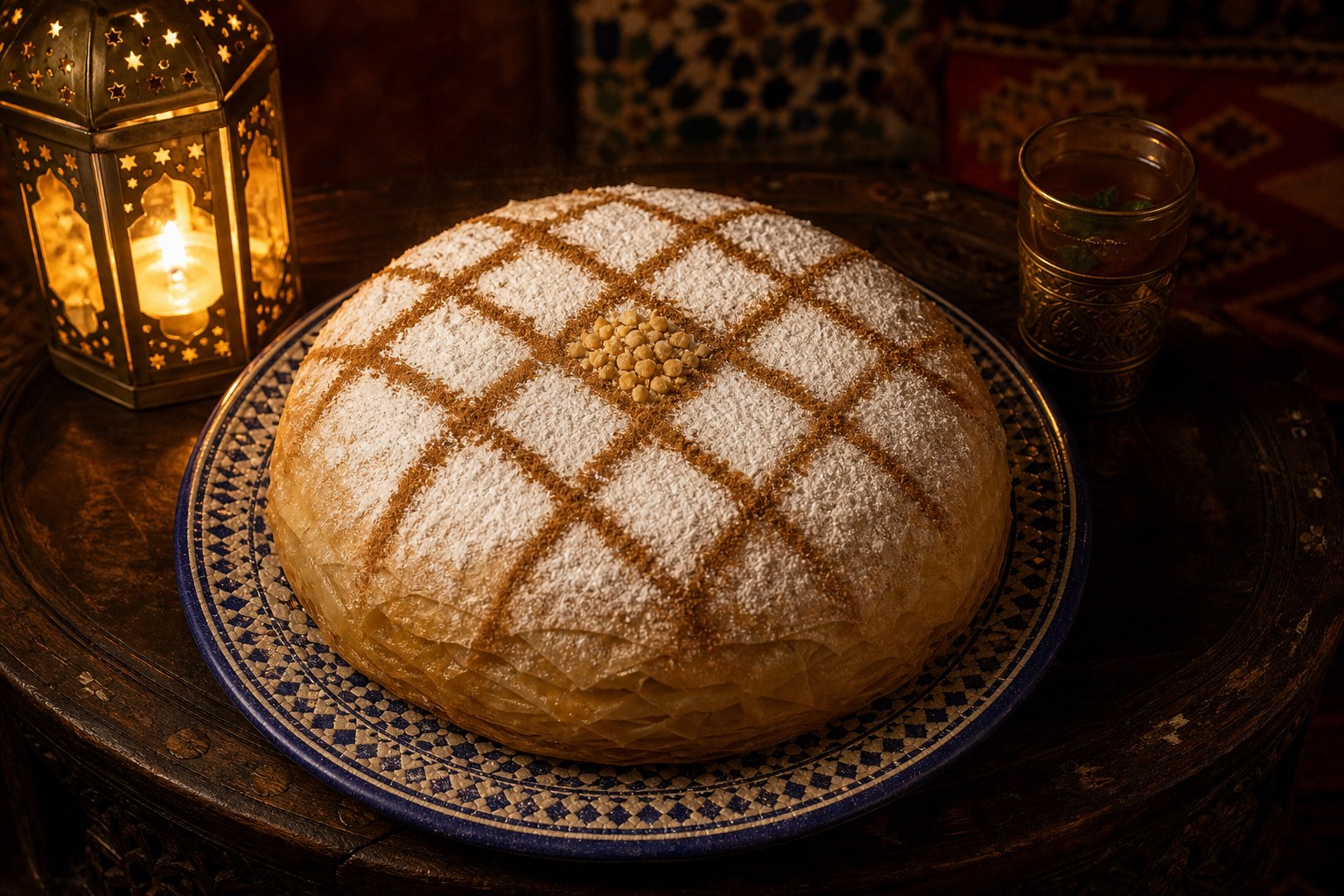 A whole, uncut Moroccan pastilla on a blue zellige plate, golden warqa pastry crowned with a powdered-sugar and cinnamon diamond lattice and a cluster of crushed almonds, lit from the side by a pierced-brass lantern.