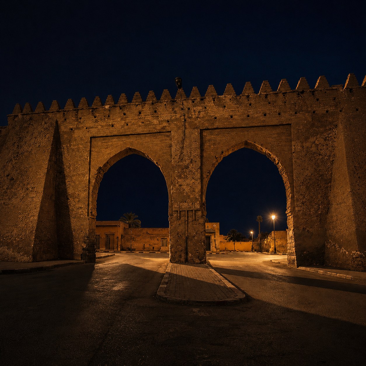The Bab Doukkala gate at first light — apricot dawn on the pisé ramparts.