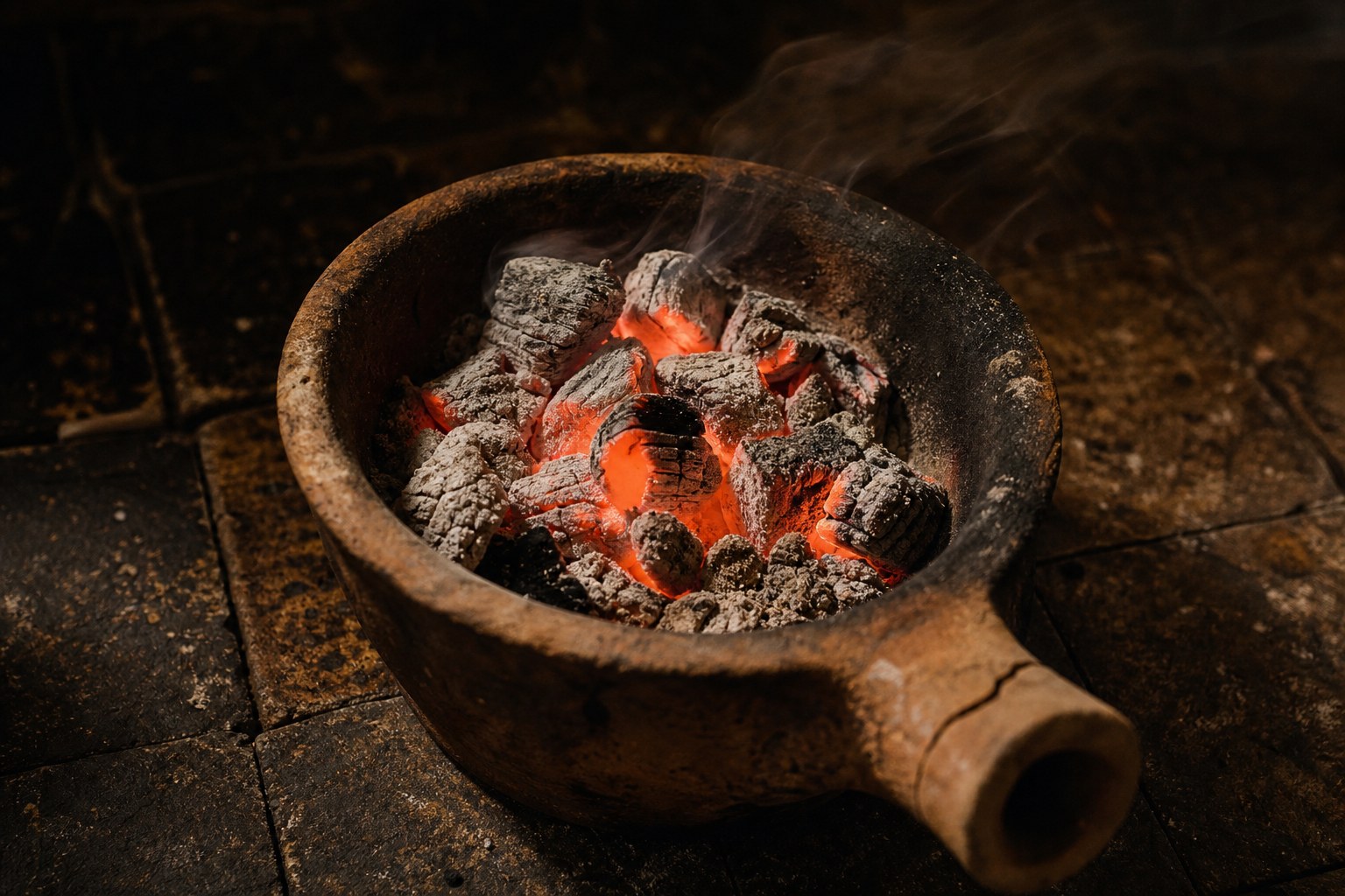 Hardwood charcoal glowing inside a traditional Moroccan clay kanoun brazier.