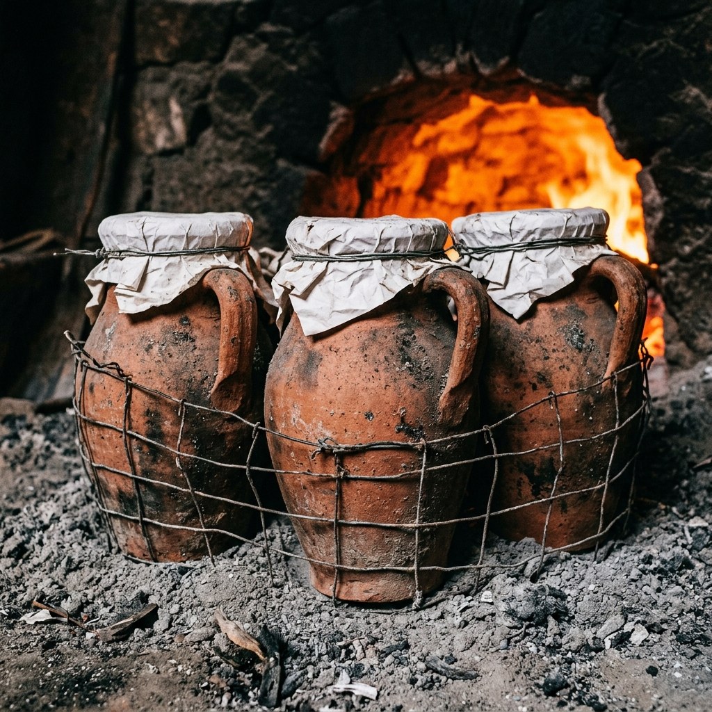Heavy, cylindrical terracotta tanjia jars with side handles, wrapped in wire mesh and buried upright in the grey ash of a hammam furnace.