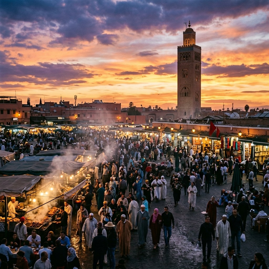 Jemaa el-Fna at dusk — lanterns lit, the Koutoubia in the distance, the smoke of the stalls rising into the blue.